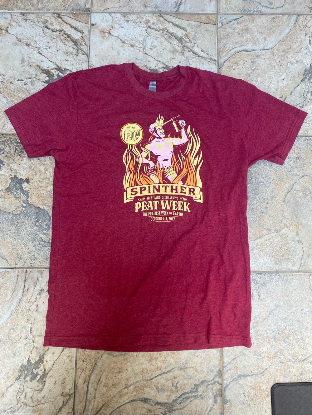 Spinther Brewery Peat Week Fireproof Man Graphic Tee Shirt Men’s Size Medium